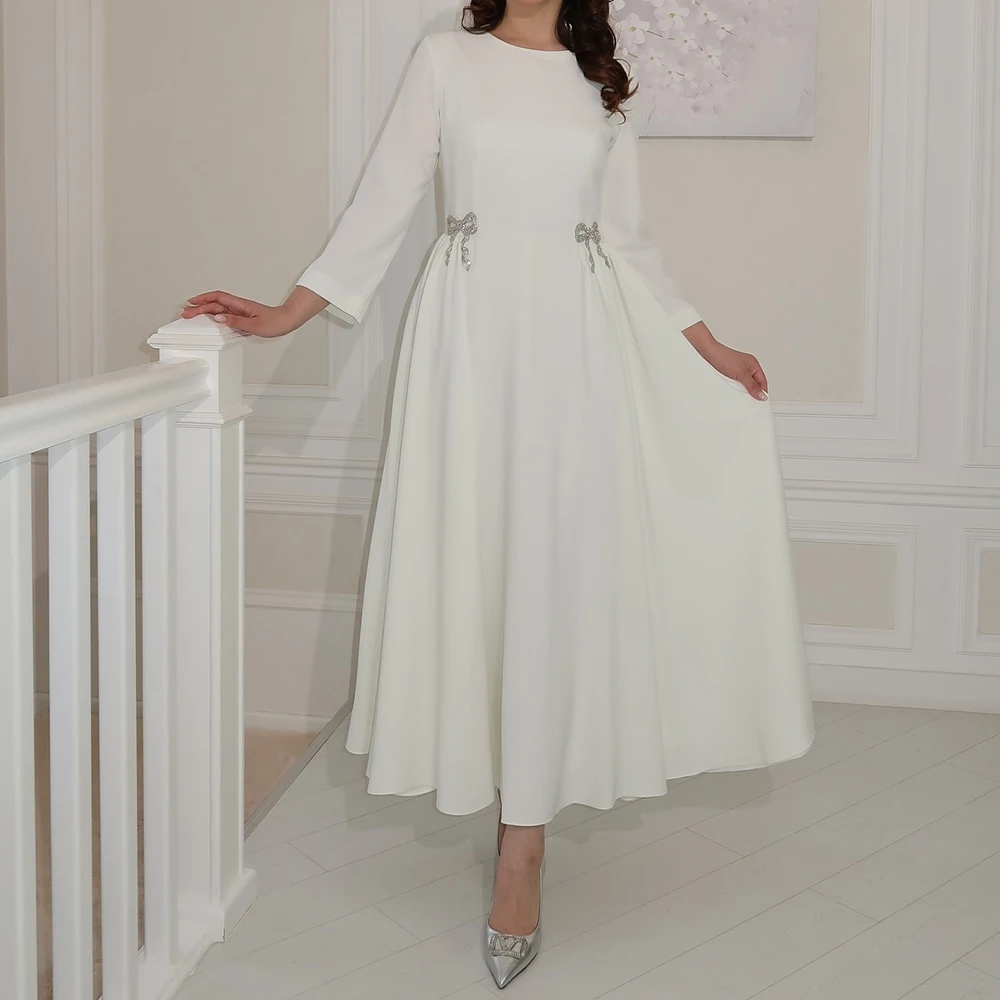 Customized A-line Evening Dresses Tea-length O-neck Full Sleeve Prom Gown Fashion Crystal Bow Simple Draped Casual Party Gown 
Customized A-line Evening Dresses Tea-length O-neck Full Sleeve Prom Gown Fashion Crystal Bow Simple Draped Casual Party Gown