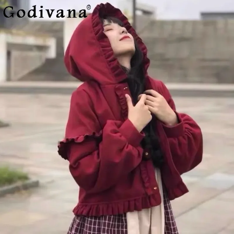 Осенне-зимнее короткое пальто в стиле Лолиты, накидка, женские однотонные черные теплые куртки, женское милое свободное короткое пальто в японском стиле
Осенне-зимнее короткое пальто в стиле Лолиты, накидка, женские однотонные черные теплые куртки, женское милое свободное короткое пальто в японском стиле