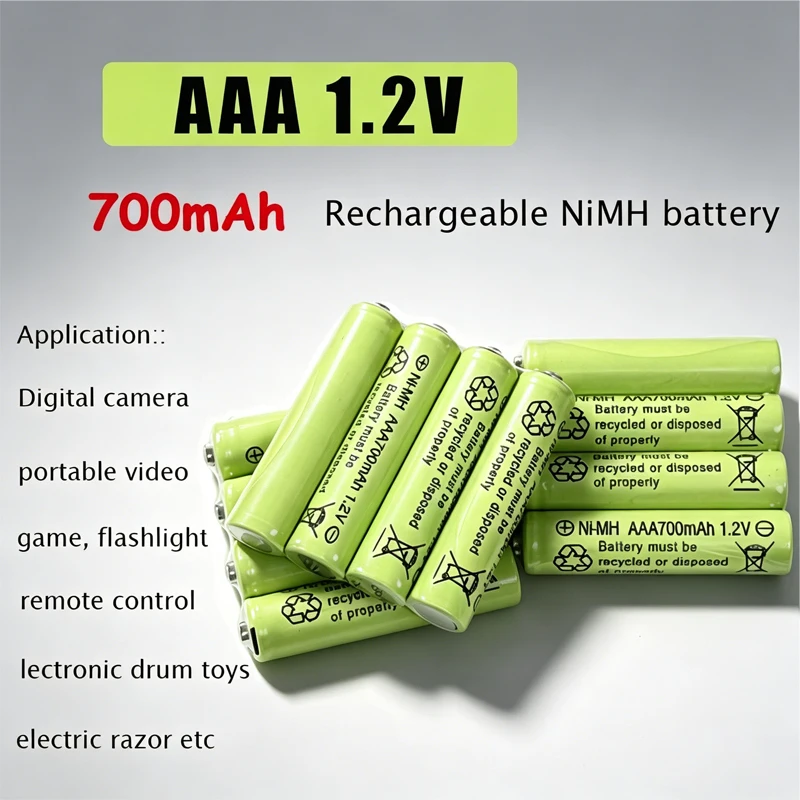 AAA Rechargeable NiMH Battery 1.2V 700mAh for Solar Lamp Microphone Toy Remote Control Car Mouse Electronic Scale Calculators
AAA Rechargeable NiMH Battery 1.2V 700mAh for Solar Lamp Microphone Toy Remote Control Car Mouse Electronic Scale Calculators
