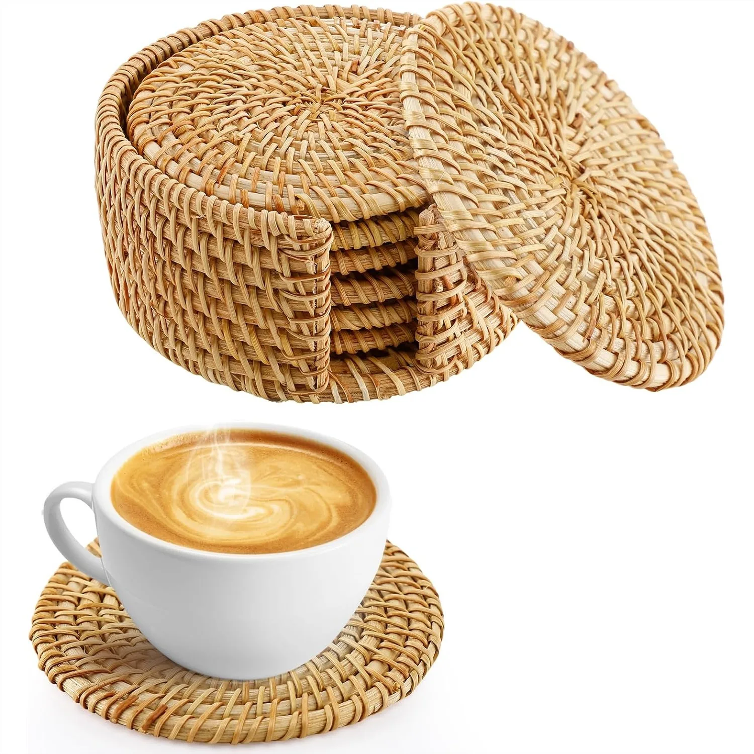 Natural Handmade Rattan Coasters Set with Holder - 6pcs Wicker Drink Coasters for Table Protection, Boho Home Decor
Natural Handmade Rattan Coasters Set with Holder - 6pcs Wicker Drink Coasters for Table Protection, Boho Home Decor
