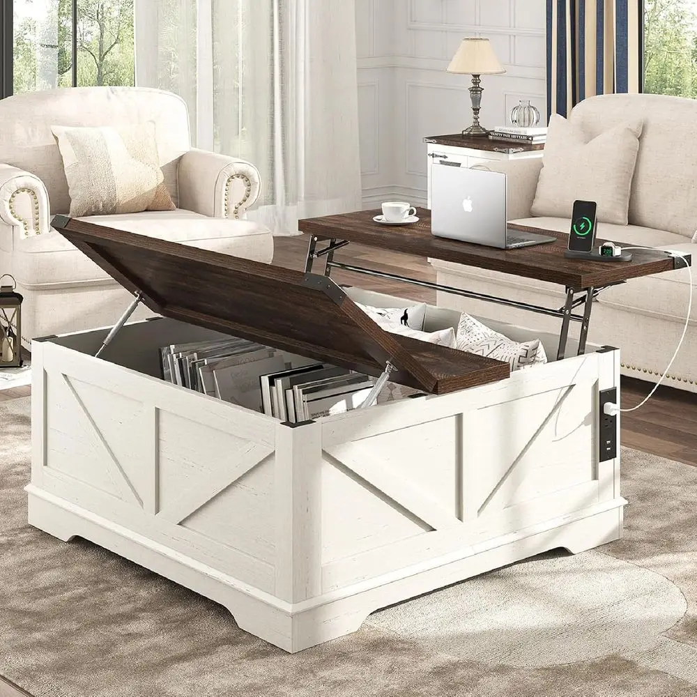 Large 40 Square Coffee Table with Power Outlets, Hidden Storage, and Rustic White Barn Door Style
Large 40 Square Coffee Table with Power Outlets, Hidden Storage, and Rustic White Barn Door Style