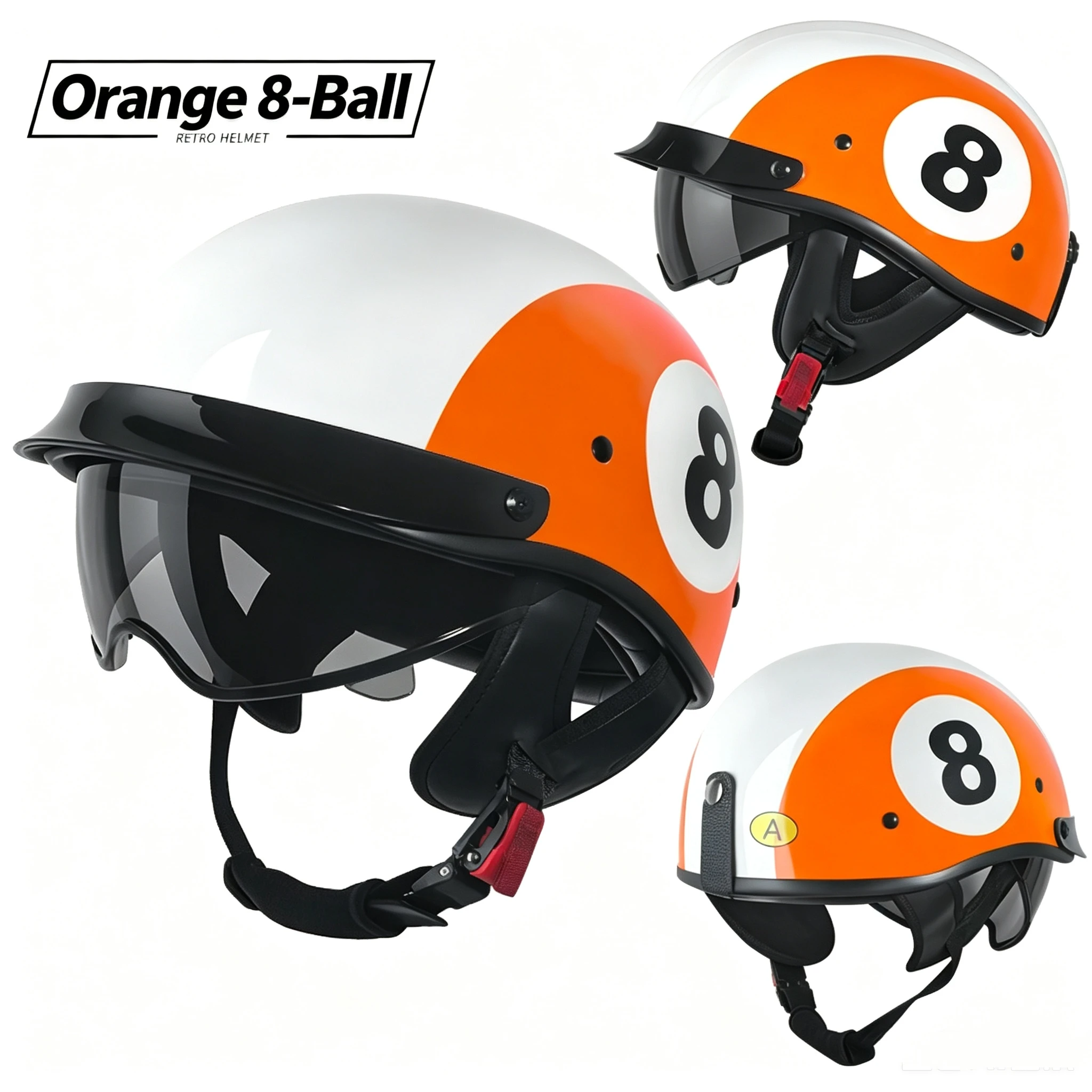 Vintage Open Face Motorcycle Helmet, Retro 8-Ball Billiards Style Helmet with Visor, Lightweight for Scooter Moped Riding
Vintage Open Face Motorcycle Helmet, Retro 8-Ball Billiards Style Helmet with Visor, Lightweight for Scooter Moped Riding