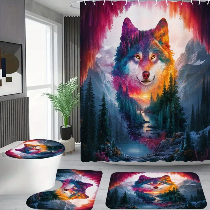 4 шт. красочный узор волка и леса, ванная комната в квартире, занавеска для душа в душевой комнате, комплект занавесок для душа в отеле с 
4 шт. красочный узор волка и леса, ванная комната в квартире, занавеска для душа в душевой комнате, комплект занавесок для душа в отеле с