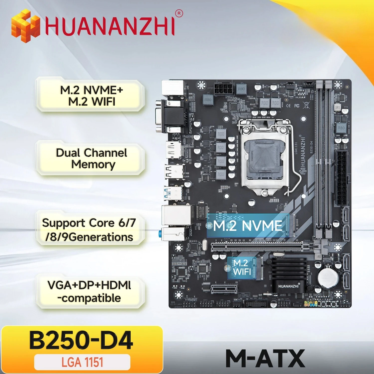 HUANANZHI B250 D4 M-ATX Motherboard Intel LGA 1151 Support 6/7/8/9 generation DDR4 2133/2400/2666MHz 32GB M.2 SATA3 USB3.0 VGA
HUANANZHI B250 D4 M-ATX Motherboard Intel LGA 1151 Support 6/7/8/9 generation DDR4 2133/2400/2666MHz 32GB M.2 SATA3 USB3.0 VGA