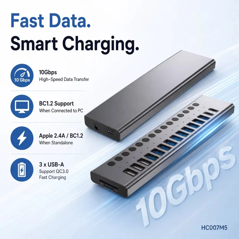17-in-1 USB 3.2 Gen2 Hub, 10Gbps, 12x USB-A + 2x USB-C, QC3.0, SD/TF Reader, Individual Switches, Aluminum Powered Hub
17-in-1 USB 3.2 Gen2 Hub, 10Gbps, 12x USB-A + 2x USB-C, QC3.0, SD/TF Reader, Individual Switches, Aluminum Powered Hub