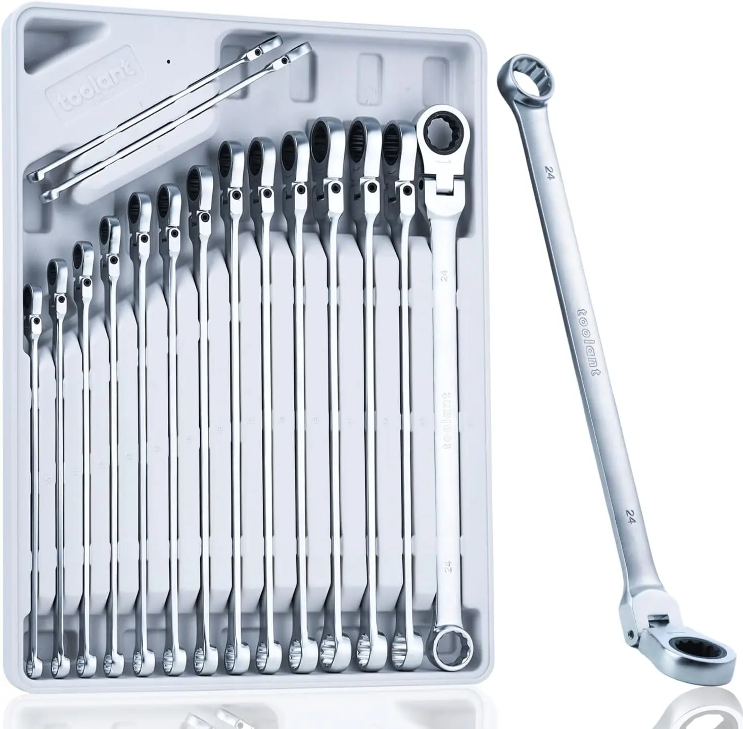 16PCS Extra Long Ratcheting Wrench Set, Flex Head & Offset Fixed Head, CR-V Steel, Metric 8-19mm & 21-24mm, with Storage Tray
16PCS Extra Long Ratcheting Wrench Set, Flex Head & Offset Fixed Head, CR-V Steel, Metric 8-19mm & 21-24mm, with Storage Tray