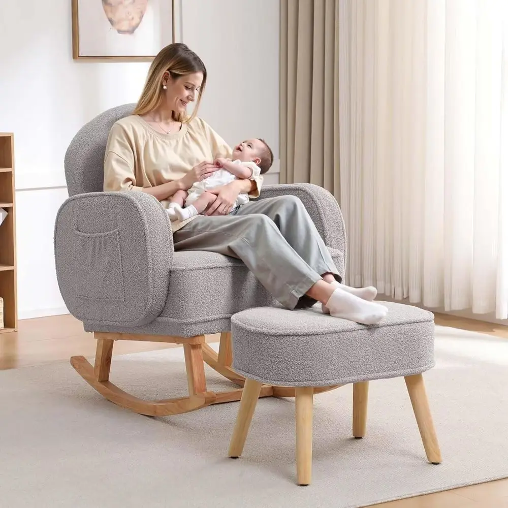 Upholstered Glider Rocking Chair with Ottoman, High Backrest, Side Pocket, Light Grey for Nursery, Living Room, Bedroom
Upholstered Glider Rocking Chair with Ottoman, High Backrest, Side Pocket, Light Grey for Nursery, Living Room, Bedroom