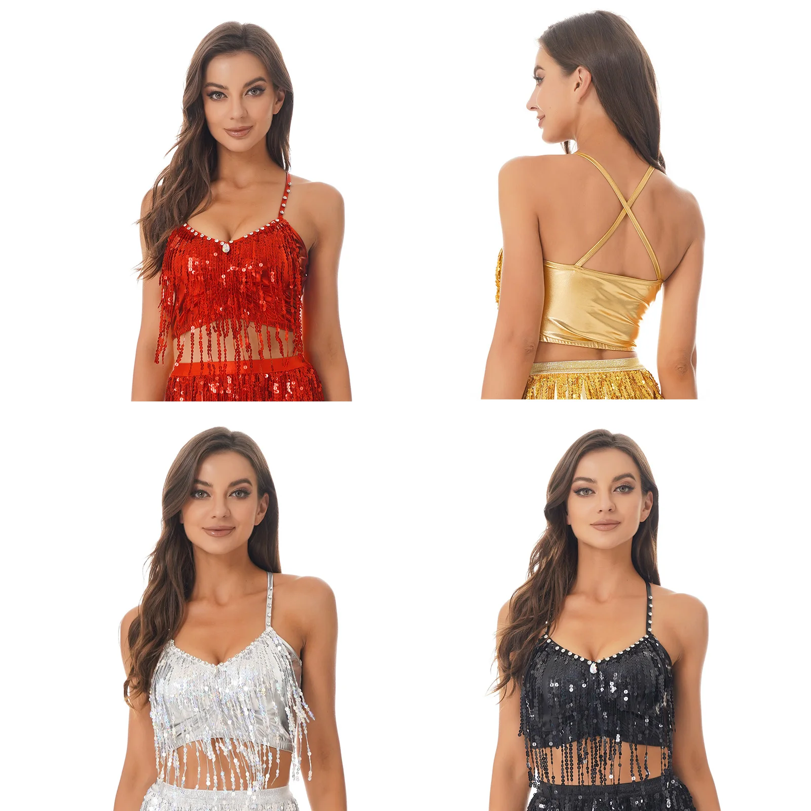 Womens Shiny Sequin Fringed Crop Top Rhinestone V Neck Sleeveless Vest Camisole Belly Dance Performance Costume
Womens Shiny Sequin Fringed Crop Top Rhinestone V Neck Sleeveless Vest Camisole Belly Dance Performance Costume