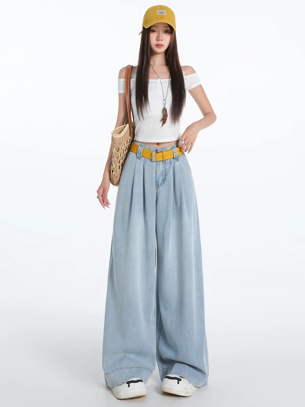 Light Blue Vintage Wide Leg Denim Jeans Women Summer Loose Draped Pear Shape Pleated Ice Silk Flared Pants
Light Blue Vintage Wide Leg Denim Jeans Women Summer Loose Draped Pear Shape Pleated Ice Silk Flared Pants