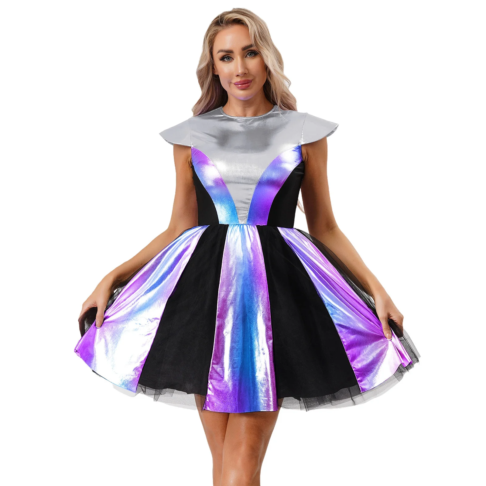 Women Fancy Holographic Space Alien Astronaut Cosplay Costume Shiny Metallic Short Sleeve Puffy Alien Dress for Party Halloween
Women Fancy Holographic Space Alien Astronaut Cosplay Costume Shiny Metallic Short Sleeve Puffy Alien Dress for Party Halloween