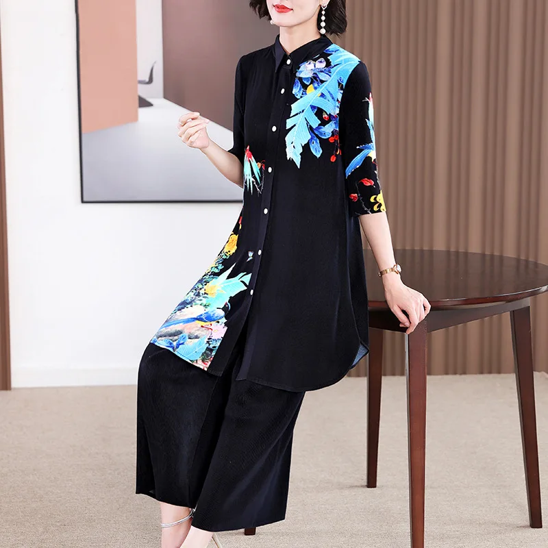 Two Piece Set Women Top And Pants Vintage Casual Stretch Miyake Pleated Half sleeve Single Breasted Top + Wide Leg Pants Suit
Two Piece Set Women Top And Pants Vintage Casual Stretch Miyake Pleated Half sleeve Single Breasted Top + Wide Leg Pants Suit