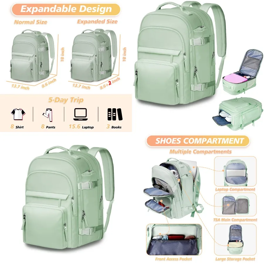 【New Arrival】Light Green Multi-Functional Travel Backpack, Water Resistant Weekender Bag with Shoe Compartment & Expandable Design, Large Capacity Casual Rucksack for Women
【New Arrival】Light Green Multi-Functional Travel Backpack, Water Resistant Weekender Bag with Shoe Compartment & Expandable Design, Large Capacity Casual Rucksack for Women
