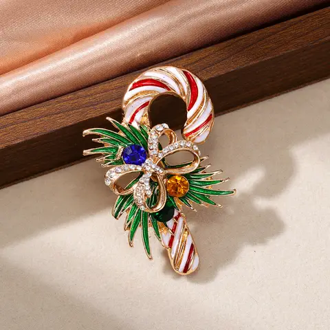 Kadınlar ve Erkekler İçin Zarif Noel Şekeri Şeklinde Zirkon Broş, Renkli Fiyonklu Şeker Hediye Kutusu, Noel Ağacı Taşlı Broş, Yeni Yıl Takısı