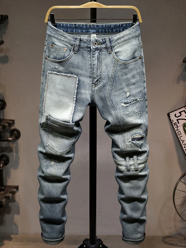 Мужские джинсы в стиле ретро с эффектом потертости, модные, с дырками и нашивками, многокарманные, в стиле рабочей одежды, корейские, эластичные, облегающие, длинные брюки
Мужские джинсы в стиле ретро с эффектом потертости, модные, с дырками и нашивками, многокарманные, в стиле рабочей одежды, корейские, эластичные, облегающие, длинные брюки