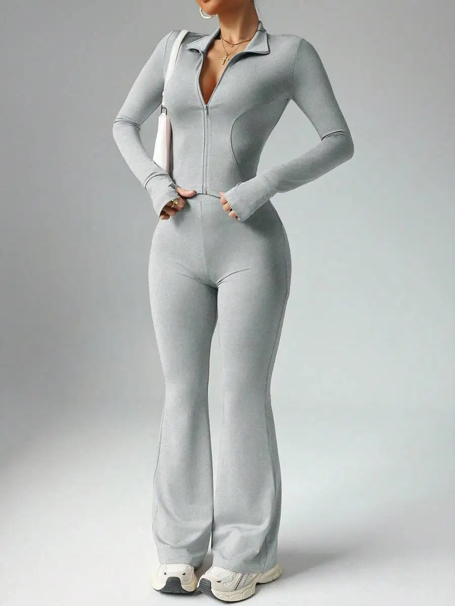Light Gray Full-Zip Long Sleeve Top With Flared Leggings Set For Women Fitness Gym Activewear Outfit
Light Gray Full-Zip Long Sleeve Top With Flared Leggings Set For Women Fitness Gym Activewear Outfit