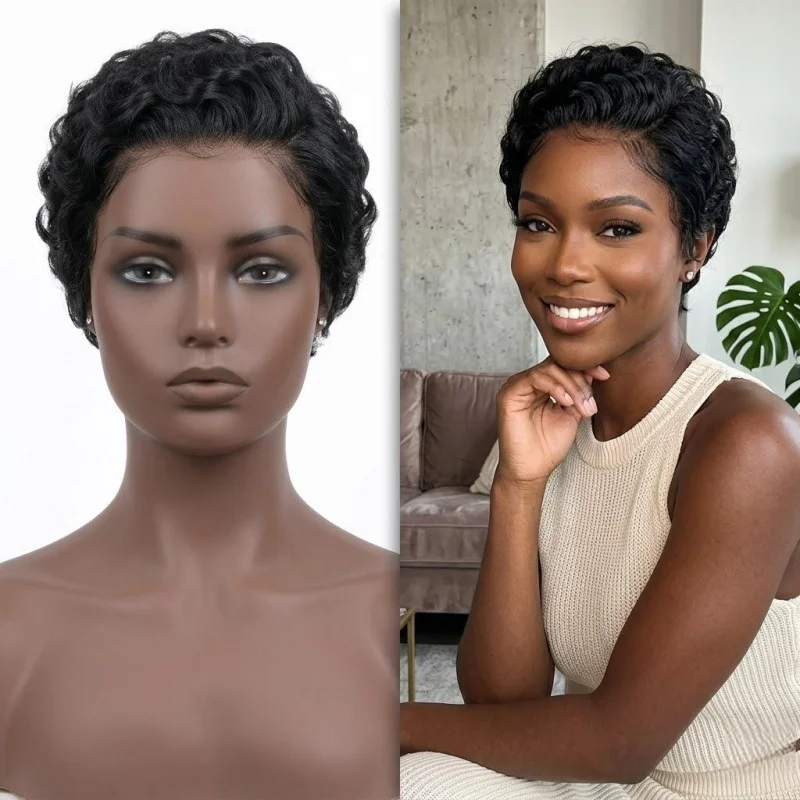 Natural Black Pixie Cut Synthetic Wig, 13x4 HD Lace. Short layered curly hair, glueless design with pre plucked hairline
Natural Black Pixie Cut Synthetic Wig, 13x4 HD Lace. Short layered curly hair, glueless design with pre plucked hairline