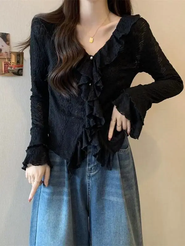 Large Size French Lace Long-sleeved Shirt for Women Early Autumn Ruffle V-neck Flared Sleeve Top
Large Size French Lace Long-sleeved Shirt for Women Early Autumn Ruffle V-neck Flared Sleeve Top