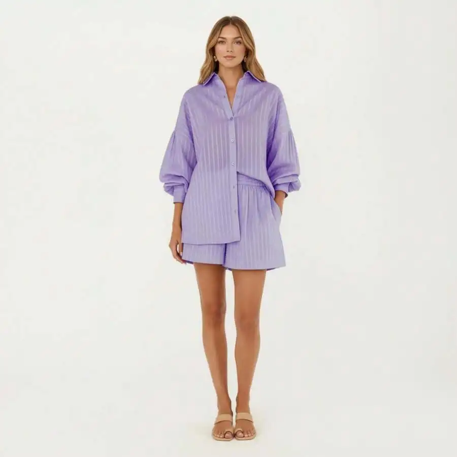 Womens 2-Piece Lounge Set Button Down Shirt And Shorts Long Sleeve Striped Pajama Set Purple
Womens 2-Piece Lounge Set Button Down Shirt And Shorts Long Sleeve Striped Pajama Set Purple