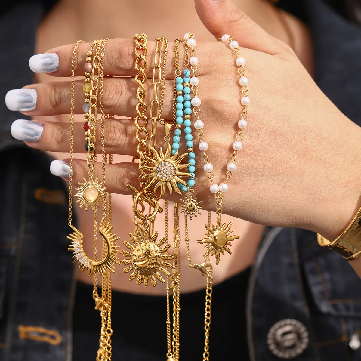 Stainless Steel PVD 18K Gold Plated Tarnish Multi Beads Moon Sun Pendant For Woman Jewelry Wholesale Trendy
Stainless Steel PVD 18K Gold Plated Tarnish Multi Beads Moon Sun Pendant For Woman Jewelry Wholesale Trendy
