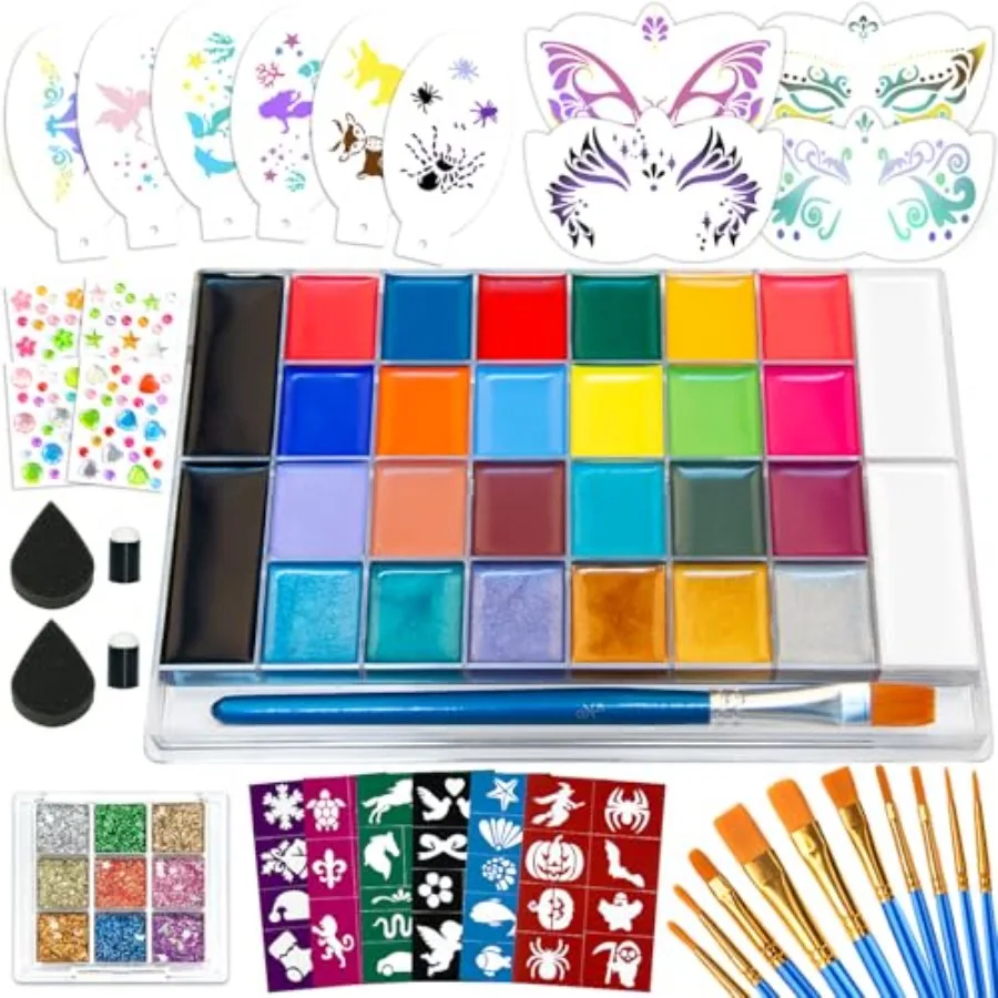 Professional Face Painting Kit 26 Colors Non-Toxic Face and Body Paint Palette with Brushes, Stencils, Glitter and Gems for Par
Professional Face Painting Kit 26 Colors Non-Toxic Face and Body Paint Palette with Brushes, Stencils, Glitter and Gems for Par