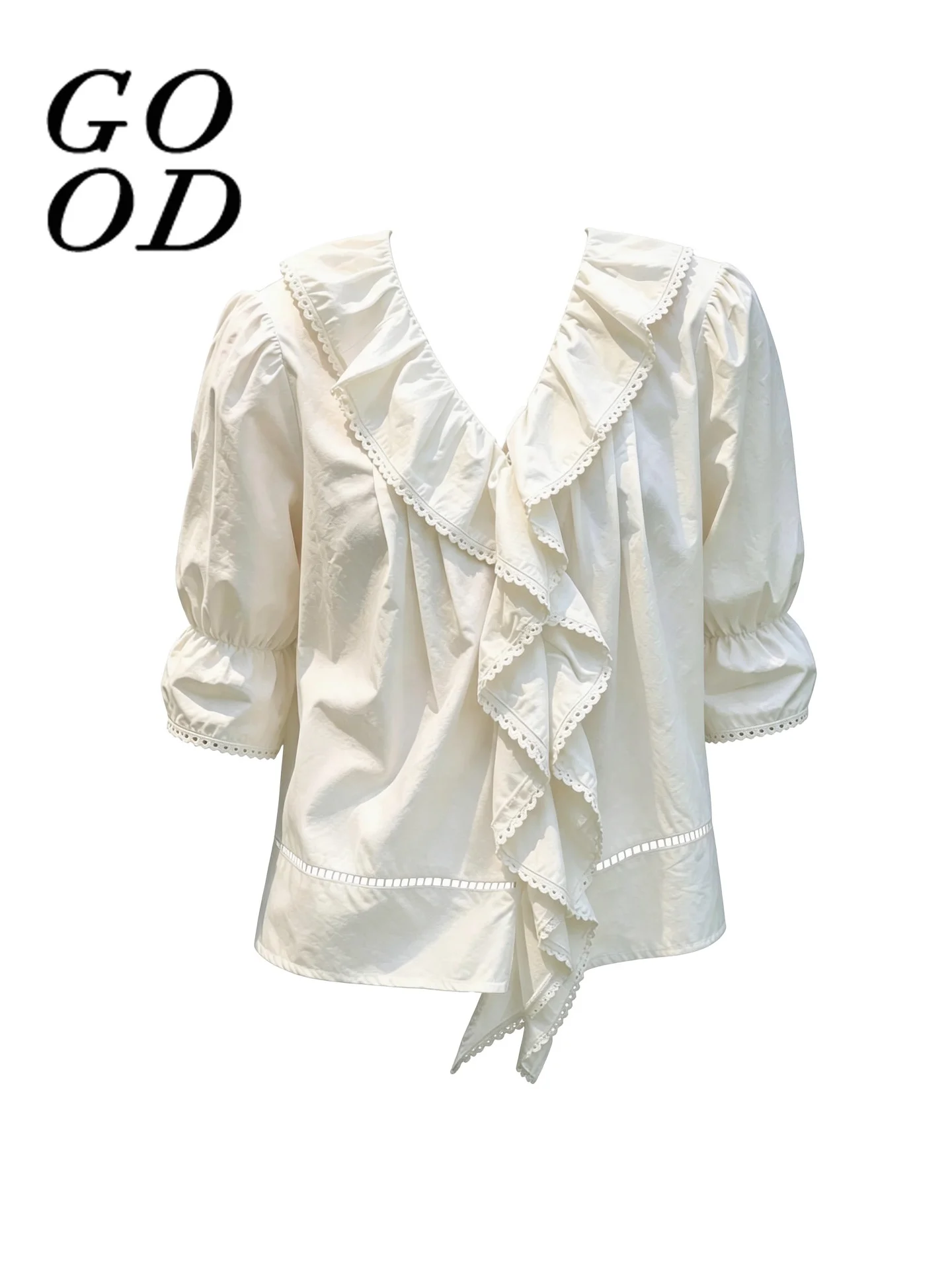 Artistic Style Women's White Shirt with Lace Sleeves Breathable Polyester Summer Fashion Loose Fit V-Neck Open Cardigan
Artistic Style Women's White Shirt with Lace Sleeves Breathable Polyester Summer Fashion Loose Fit V-Neck Open Cardigan