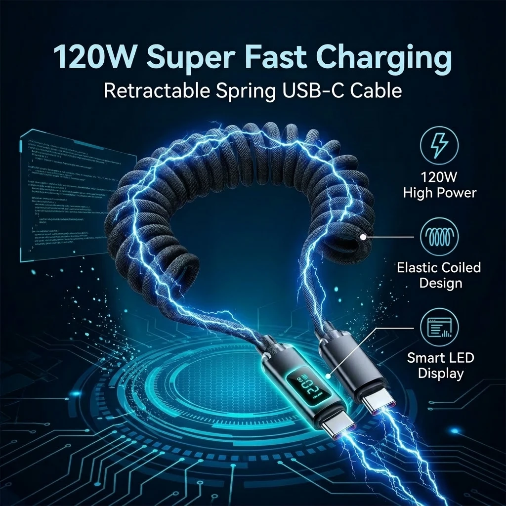 120W Retractable USB C to USB C Spring Fast Charging Cable with Digital Display for iPhone 15/16/17 Pro Max Xiaomi Type C Cord
120W Retractable USB C to USB C Spring Fast Charging Cable with Digital Display for iPhone 15/16/17 Pro Max Xiaomi Type C Cord