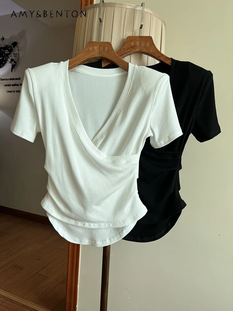 All-Matching Slim Cross Short-Sleeved Shirts for Women Summer New Commute Style Solid Color V-neck T-shirt Sexy Hot Girl Tops
All-Matching Slim Cross Short-Sleeved Shirts for Women Summer New Commute Style Solid Color V-neck T-shirt Sexy Hot Girl Tops