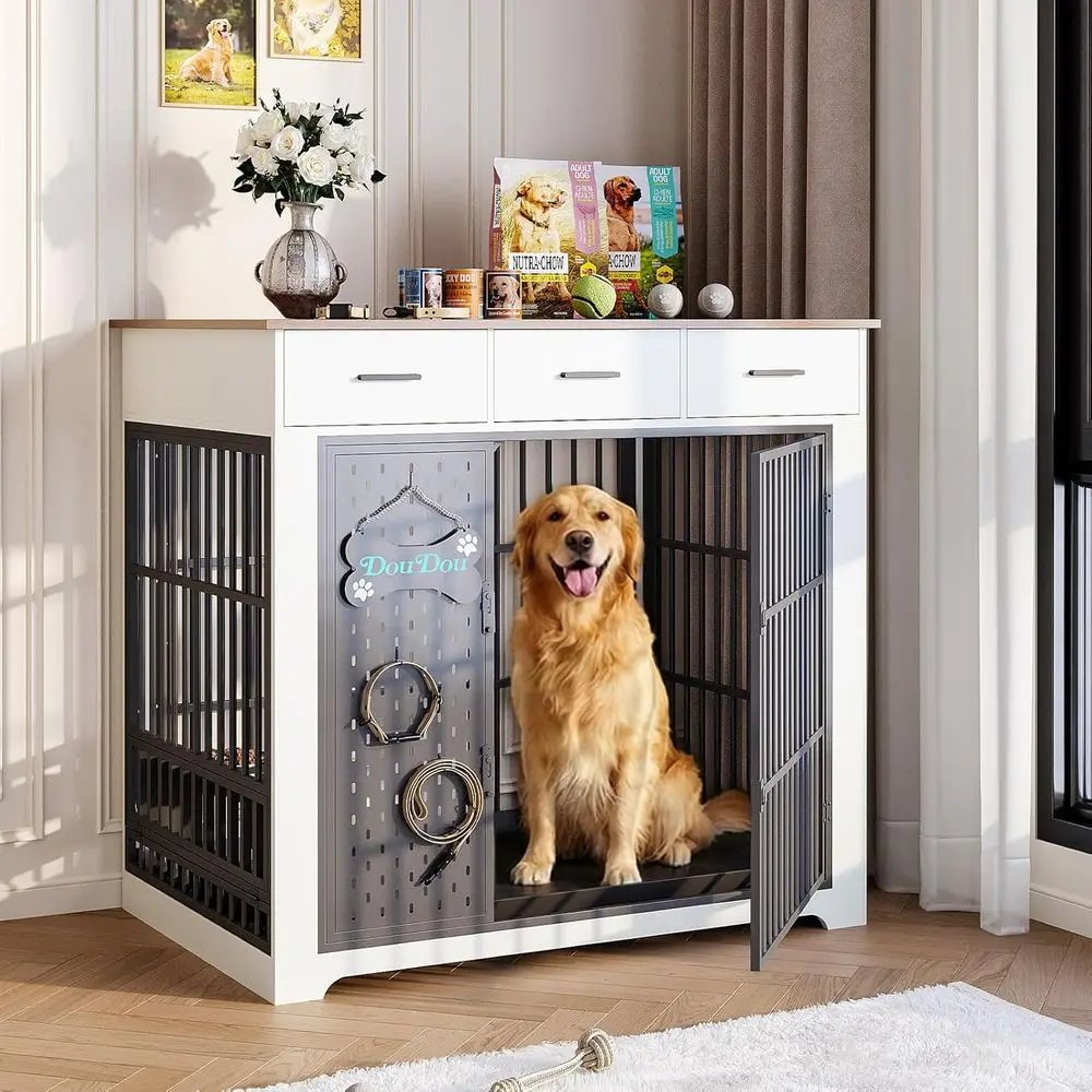 Heavy Duty Wooden Dog Crate for Large Breeds with Rotating Bowls, 3 Dividers, Name Plate, Pull-Out Tray, and End Table, White &
Heavy Duty Wooden Dog Crate for Large Breeds with Rotating Bowls, 3 Dividers, Name Plate, Pull-Out Tray, and End Table, White &