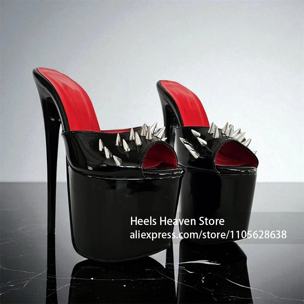 Glossy Patent Leather Platform High Heel Silver Spike Rivet Decoration Stiletto Heel Slide Open Peep Toe Design Pole Dance Shoes
Glossy Patent Leather Platform High Heel Silver Spike Rivet Decoration Stiletto Heel Slide Open Peep Toe Design Pole Dance Shoes