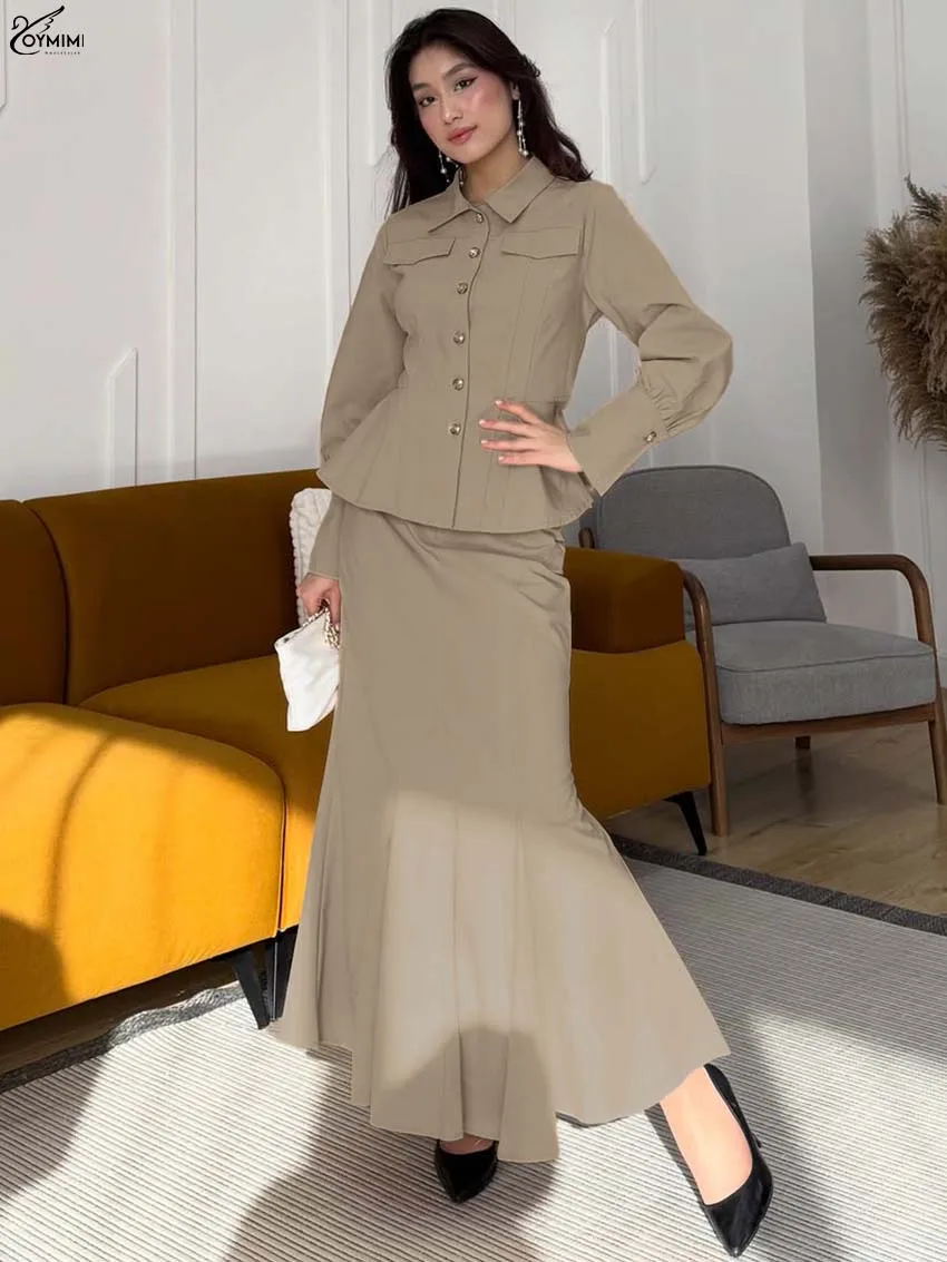 Oymimi Fashion Khaki Cotton 2 Piece Sets Woman Outfits Elegant Long Sleeve Button Pockets Shirts + High Waist Simple Skirts Sets
Oymimi Fashion Khaki Cotton 2 Piece Sets Woman Outfits Elegant Long Sleeve Button Pockets Shirts + High Waist Simple Skirts Sets