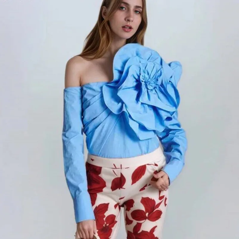 Fashion Blue 3D Flowers Shirt Women's Diagonal Collar Off Shoulder Slim Long Sleeves Pullover Blouse Summe VYP2
Fashion Blue 3D Flowers Shirt Women's Diagonal Collar Off Shoulder Slim Long Sleeves Pullover Blouse Summe VYP2
