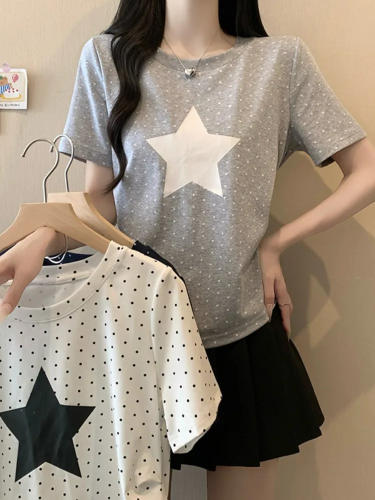 plus Size Summer Sweet Polka Dot Star round Neck Short Sleeve T-Shirt Korean Style Versatile Casual Breathable Women's Top
plus Size Summer Sweet Polka Dot Star round Neck Short Sleeve T-Shirt Korean Style Versatile Casual Breathable Women's Top