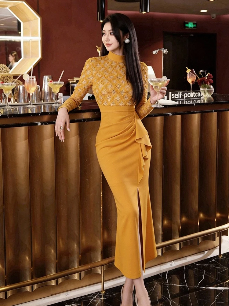 New Spring Women Elegant Midi Dress Yellow Lace Patchwork High Neck Ruffle Split Bodycon Vestidos Cocktail Party Prom Robe Daily
New Spring Women Elegant Midi Dress Yellow Lace Patchwork High Neck Ruffle Split Bodycon Vestidos Cocktail Party Prom Robe Daily