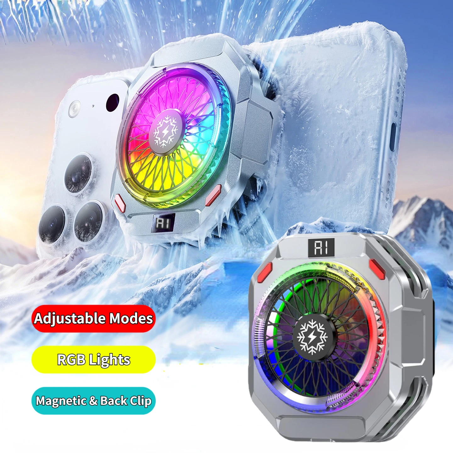Semiconductor Phone Cooler, 2-in-1 Magnetic Back Clip Radiator, AI Smart Temperature Control, with RGB Lights & Adjustable Modle
Semiconductor Phone Cooler, 2-in-1 Magnetic Back Clip Radiator, AI Smart Temperature Control, with RGB Lights & Adjustable Modle