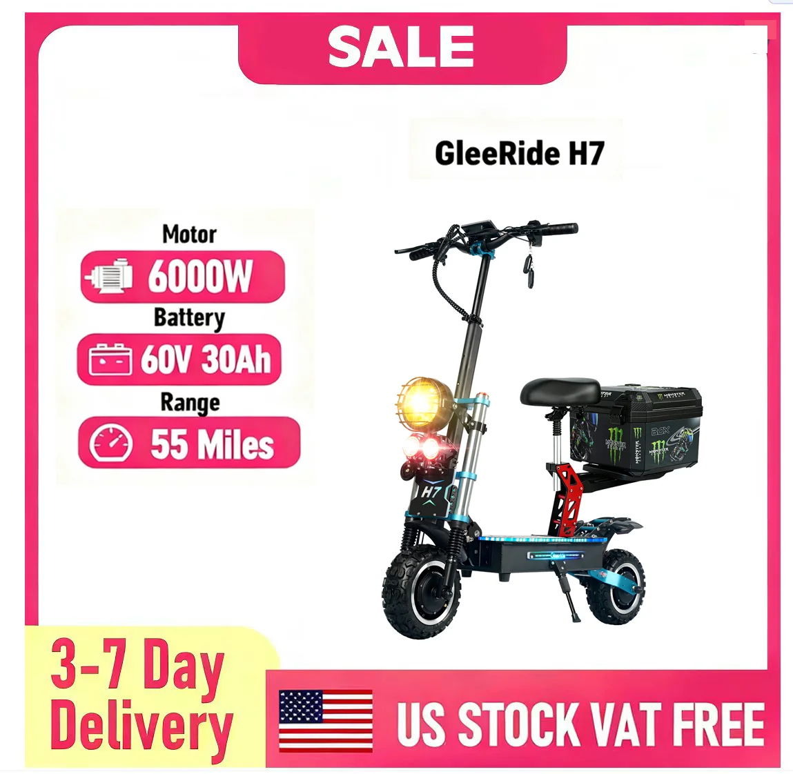 GLEERIDE H7 11" Off-Road Electric Scooter With Premium Seat 3000W*2 Dual Motor 60V 30Ah LG Battery
GLEERIDE H7 11" Off-Road Electric Scooter With Premium Seat 3000W*2 Dual Motor 60V 30Ah LG Battery