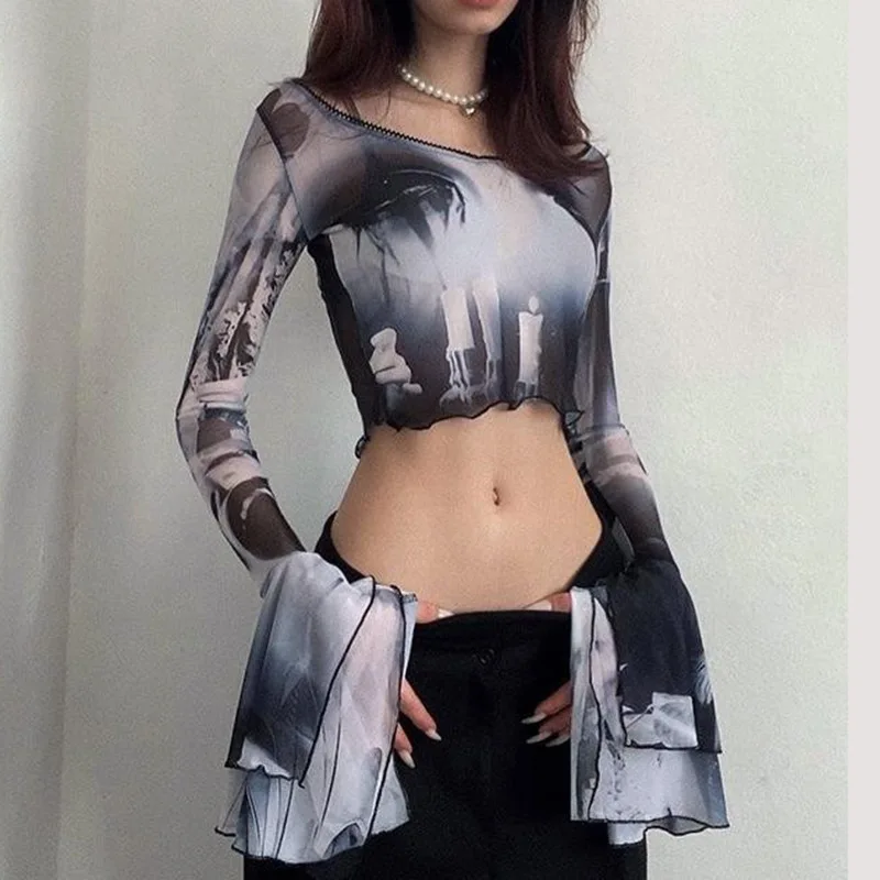 Fall Slim Fit Mesh Floral Print Flared Long Sleeve Stitching Navel Fashion Women's Wear Top Y2k Style
Fall Slim Fit Mesh Floral Print Flared Long Sleeve Stitching Navel Fashion Women's Wear Top Y2k Style