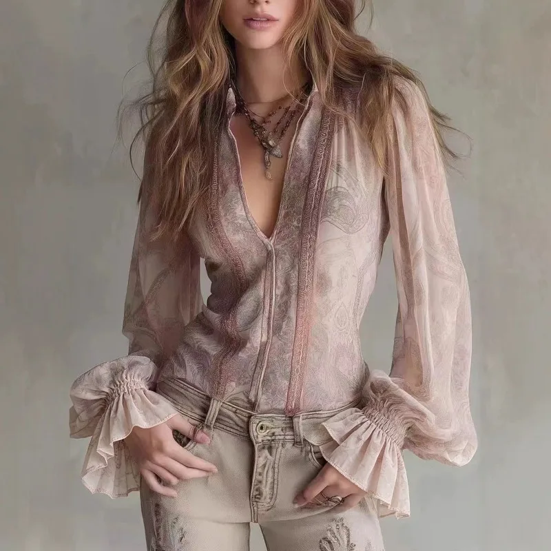 Summer Floral Print Blouse Fashion Women V Neck Casual Shirt Chic Long Sleeve Tops French Elegant Vintage Print Blusas Y2k Shirt
Summer Floral Print Blouse Fashion Women V Neck Casual Shirt Chic Long Sleeve Tops French Elegant Vintage Print Blusas Y2k Shirt