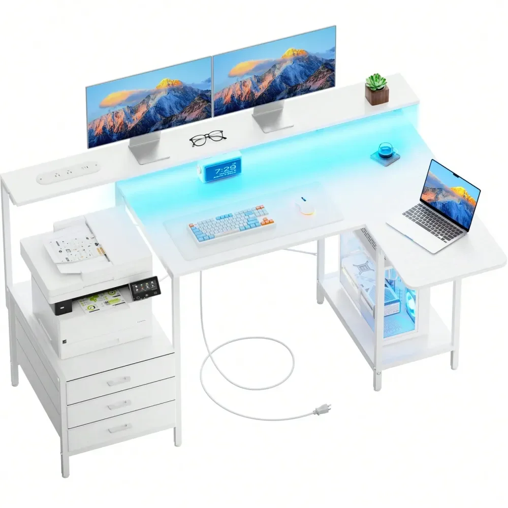 L Shaped Computer Desk With LED Lights, Power Outlets USB Charging Ports, Home Office Desk With Storage Drawers Open Shelves, S
L Shaped Computer Desk With LED Lights, Power Outlets USB Charging Ports, Home Office Desk With Storage Drawers Open Shelves, S