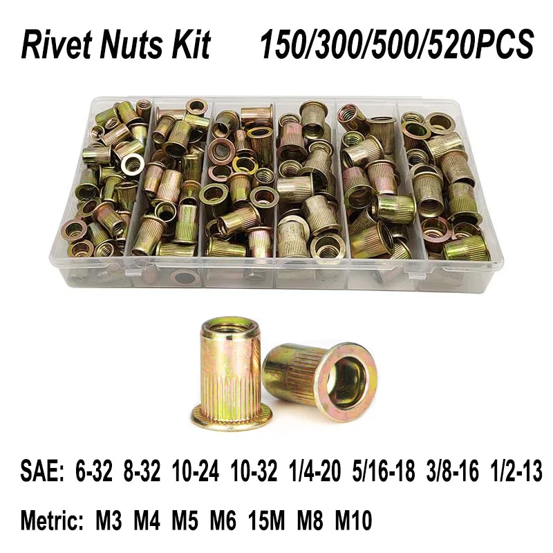 6-32 8-32 10-24 10-32 1/4-20 5/16-18 3/8-16 1/2-13 SAE Rivet Nut Assortment Kit Flat Head Threaded Insert Nuts Set Carbon Steel
6-32 8-32 10-24 10-32 1/4-20 5/16-18 3/8-16 1/2-13 SAE Rivet Nut Assortment Kit Flat Head Threaded Insert Nuts Set Carbon Steel
