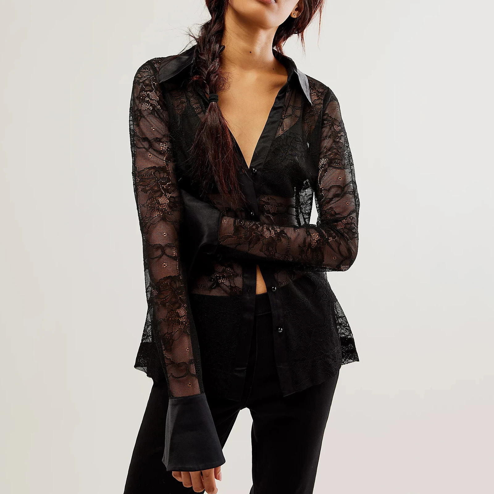 Women Button Down Shirts Sheer Lace Patchwork Turn-Down Collar Long Sleeve Sheer Blouses Spring Fall Casual Tops
Women Button Down Shirts Sheer Lace Patchwork Turn-Down Collar Long Sleeve Sheer Blouses Spring Fall Casual Tops