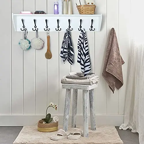 White 35-Inch Wall Shelf With 7 Black Triple Hooks For Towels, Coats, And Bathroom Essentials, Mounted Entry Organizer
White 35-Inch Wall Shelf With 7 Black Triple Hooks For Towels, Coats, And Bathroom Essentials, Mounted Entry Organizer