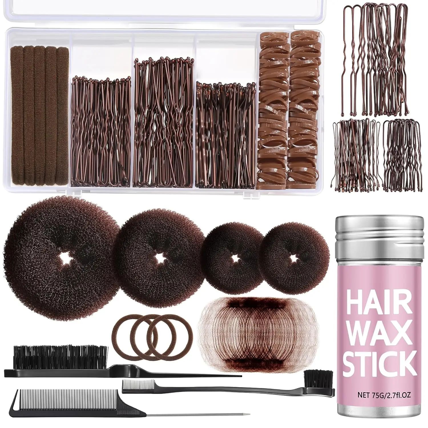 Complete Bun Maker Kit: Donut Shaper, Hair Wax, Nets, Pins & Combs, Dark Brown
Complete Bun Maker Kit: Donut Shaper, Hair Wax, Nets, Pins & Combs, Dark Brown