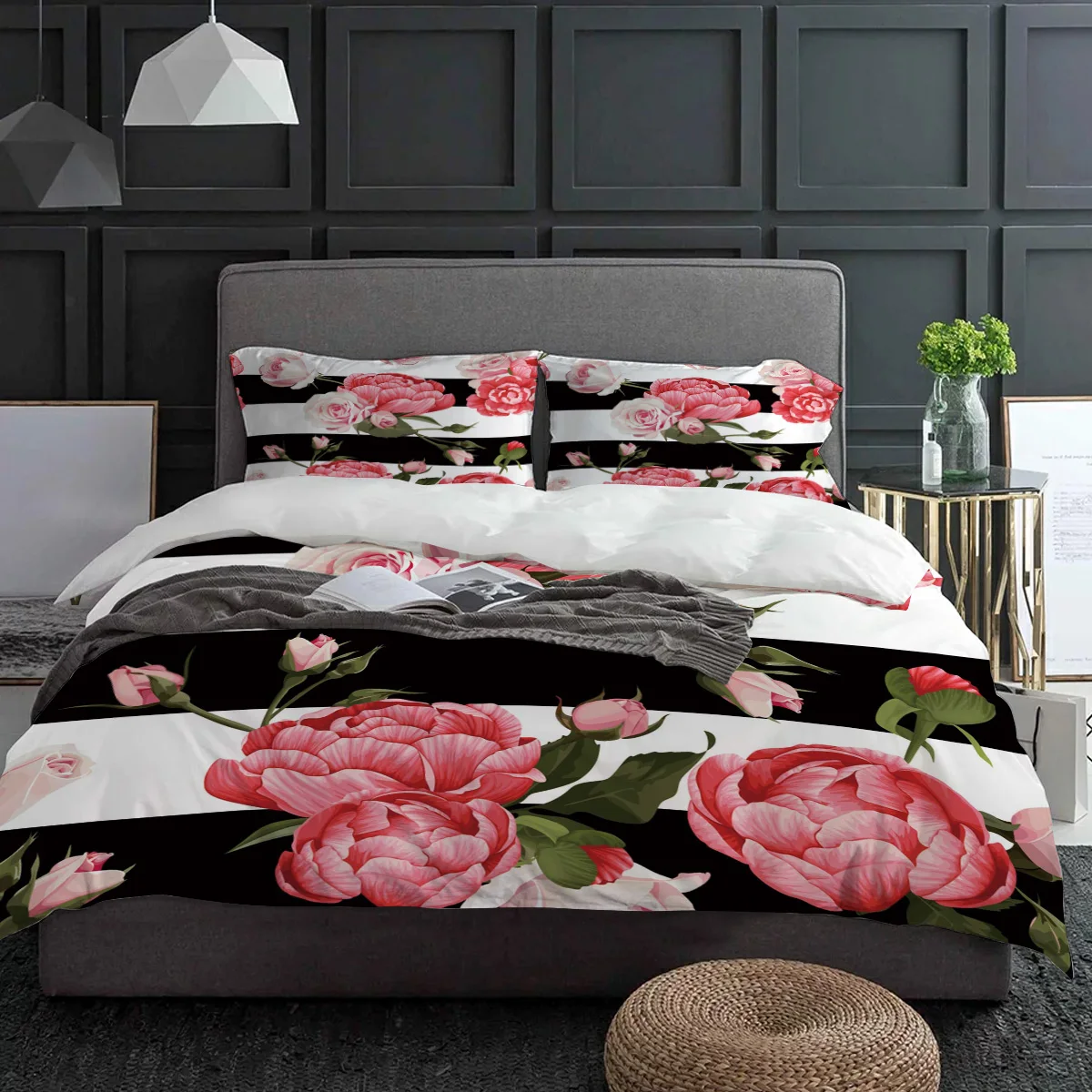 Peony Rose Pink Flower Black And White Stripes Bedding Set 3pcs Duvet Cover Pillowcase Quilt Cover Double Bed Set Home Textile
Peony Rose Pink Flower Black And White Stripes Bedding Set 3pcs Duvet Cover Pillowcase Quilt Cover Double Bed Set Home Textile