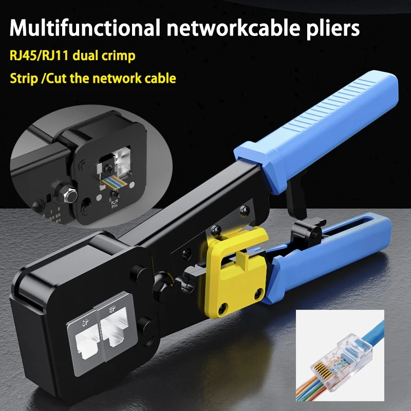 RJ45 RJ11 Crimp Tool Pass Through Cat5 Cat5e Cat6 Crimper Cutter Stripper for RJ12 8P 6P End Pass Through Connector