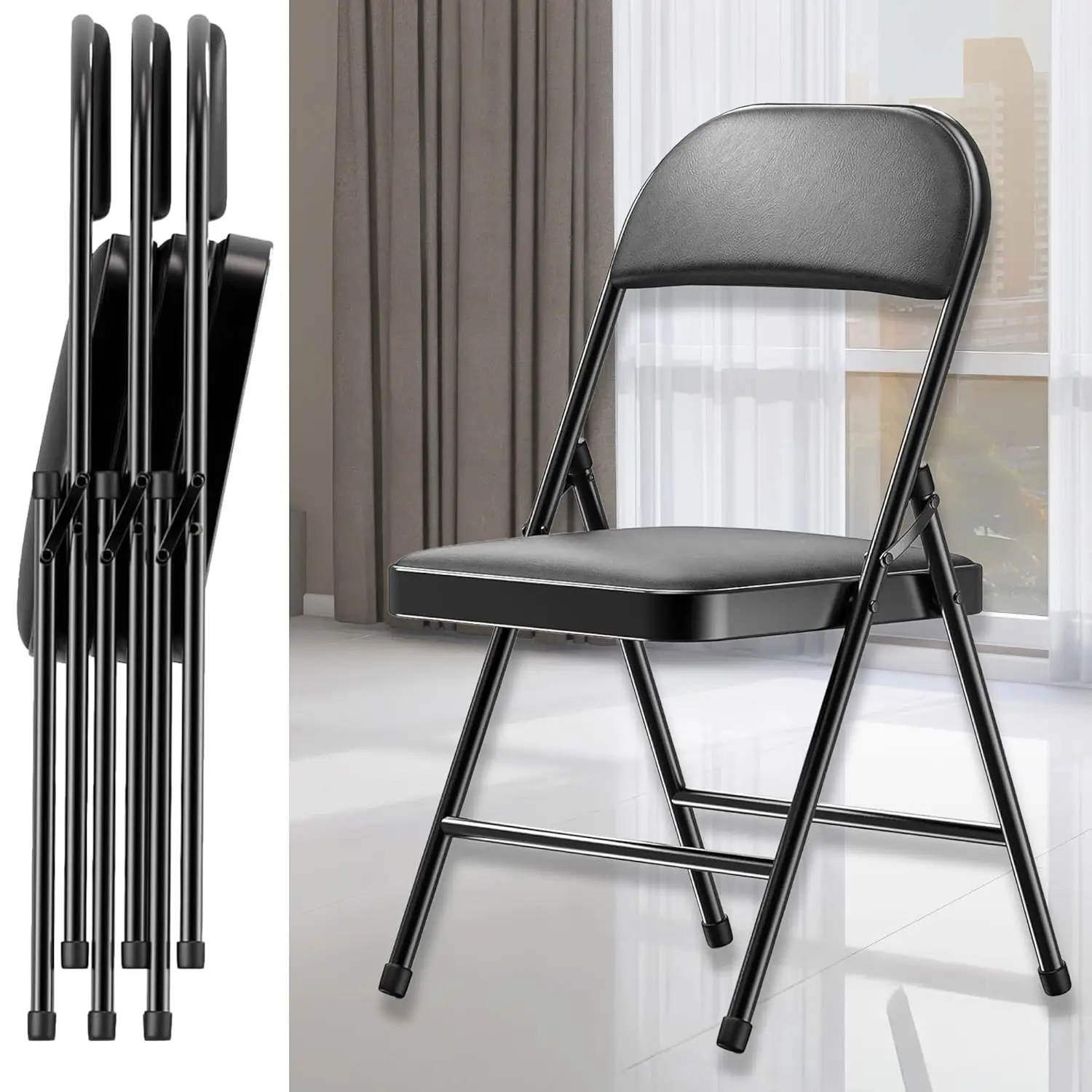 4 Pack Black Padded Folding Chairs with Cushioned Seat & Backrest – Comfortable PU Leather, Heavy-Duty Steel Frame,, Custom
4 Pack Black Padded Folding Chairs with Cushioned Seat & Backrest – Comfortable PU Leather, Heavy-Duty Steel Frame,, Custom