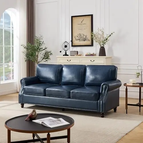 Mid-Century Modern Couch, Faux Leather Sofa, 3 Seater Couch for Living Room with Rolled arms & Nailhead Trim, Blue
Mid-Century Modern Couch, Faux Leather Sofa, 3 Seater Couch for Living Room with Rolled arms & Nailhead Trim, Blue