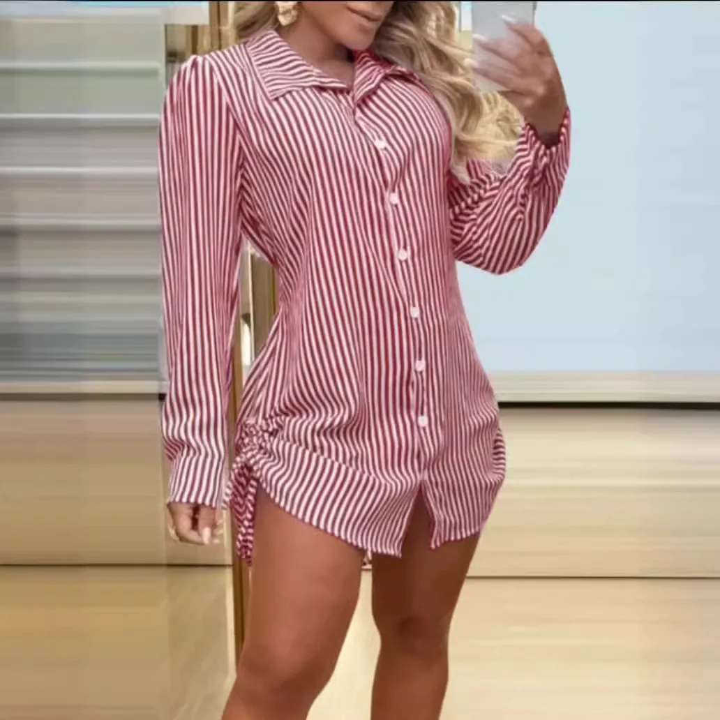 Spring Autumn Fashion Women's Sexy Side Drawstring Shirt Dress Woman Stripe Printed Long Sleeved Flip Collar Button Mini Dress
Spring Autumn Fashion Women's Sexy Side Drawstring Shirt Dress Woman Stripe Printed Long Sleeved Flip Collar Button Mini Dress