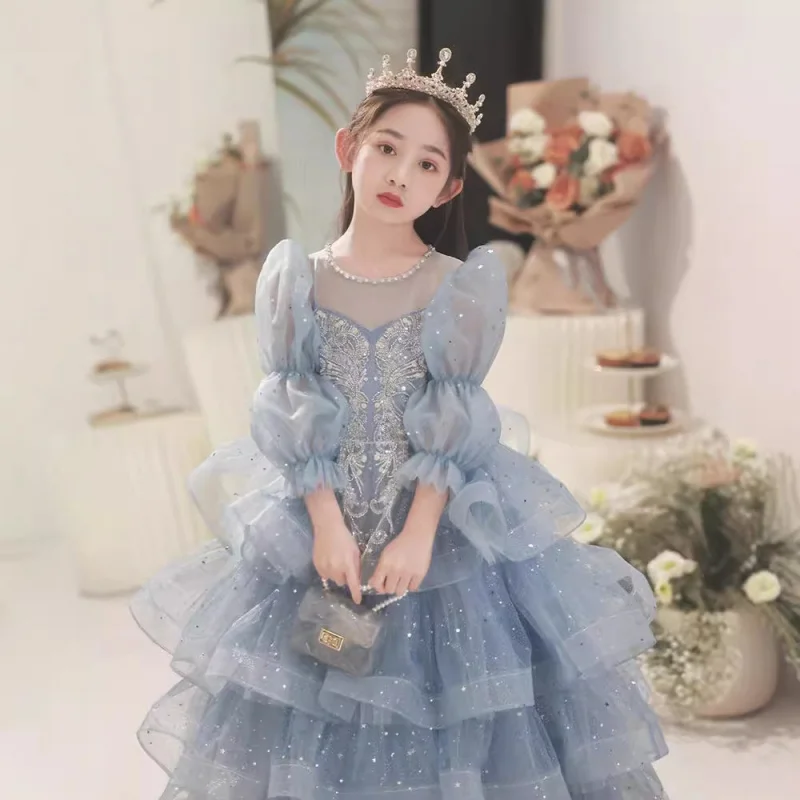 Children's Formal Princess Blue Little Host Light Luxury Long Sleeve Catwalk Girl Performance Dress High-end Fo
Children's Formal Princess Blue Little Host Light Luxury Long Sleeve Catwalk Girl Performance Dress High-end Fo