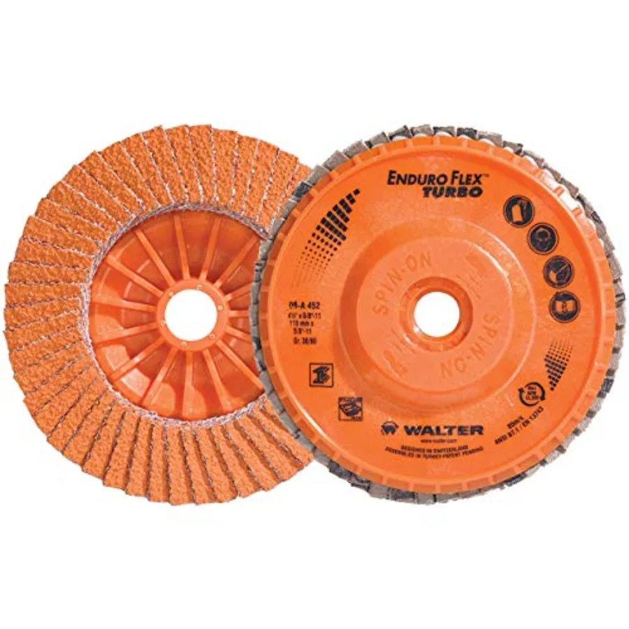 Enduro-Flex Turbo Spin-On Discs Fast Grinding Blending Flap Disc 4-1/2x5/8-11 Grit 36/60 Type 27S 10 Pack Metallic Gray
Enduro-Flex Turbo Spin-On Discs Fast Grinding Blending Flap Disc 4-1/2x5/8-11 Grit 36/60 Type 27S 10 Pack Metallic Gray
