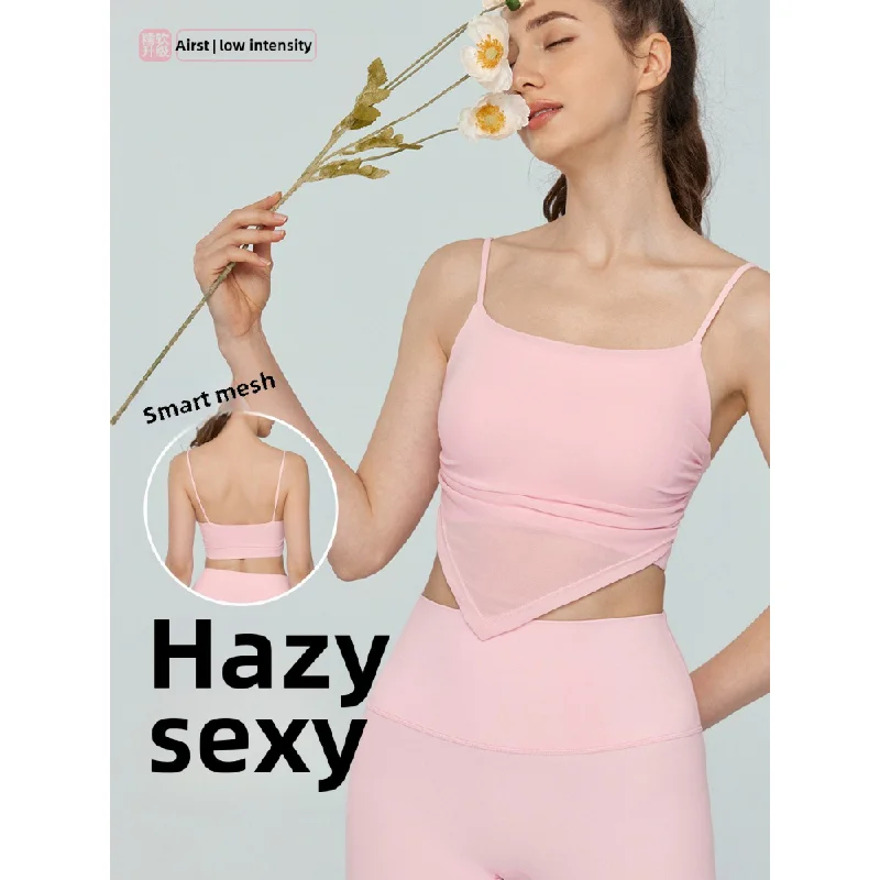 New slim shoulder yoga vest with women's chest cushion and sexy slimming effect, pure desire mesh camisole vest
New slim shoulder yoga vest with women's chest cushion and sexy slimming effect, pure desire mesh camisole vest